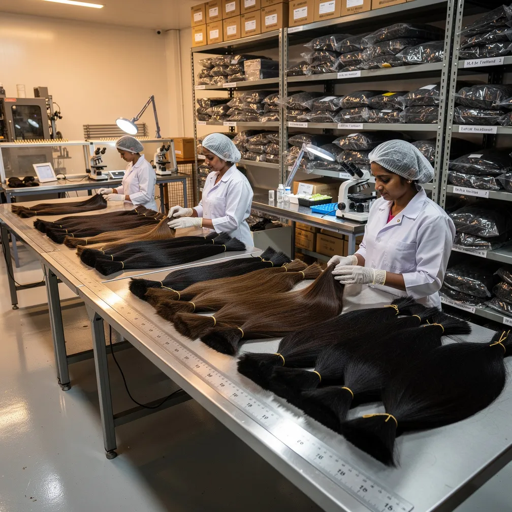 Hair extension manufacturing facility in India with quality inspection of raw temple hair bundles | Hair Extensions By Nature
